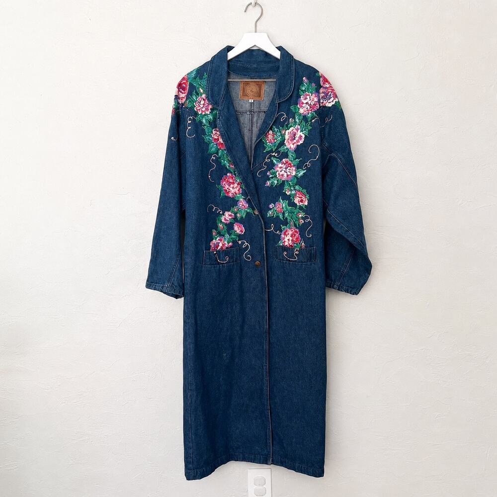 Vintage Gotcha Covered Floral Denim Duster Coat Womens S USA Made Western Boho